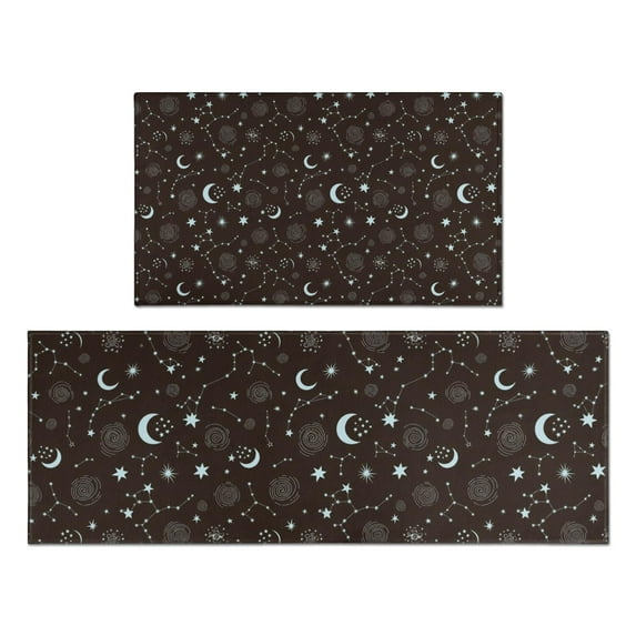 Brown Star Moon Constellation Pattern Kitchen Rugs Sets Of 2,Anti Fatigue Kitchen Mat Rugs Non Slip Washable,Decorative Kitchen Floor Mats for Kitchen,Sink,Laundry,17"x30"+17"x47"