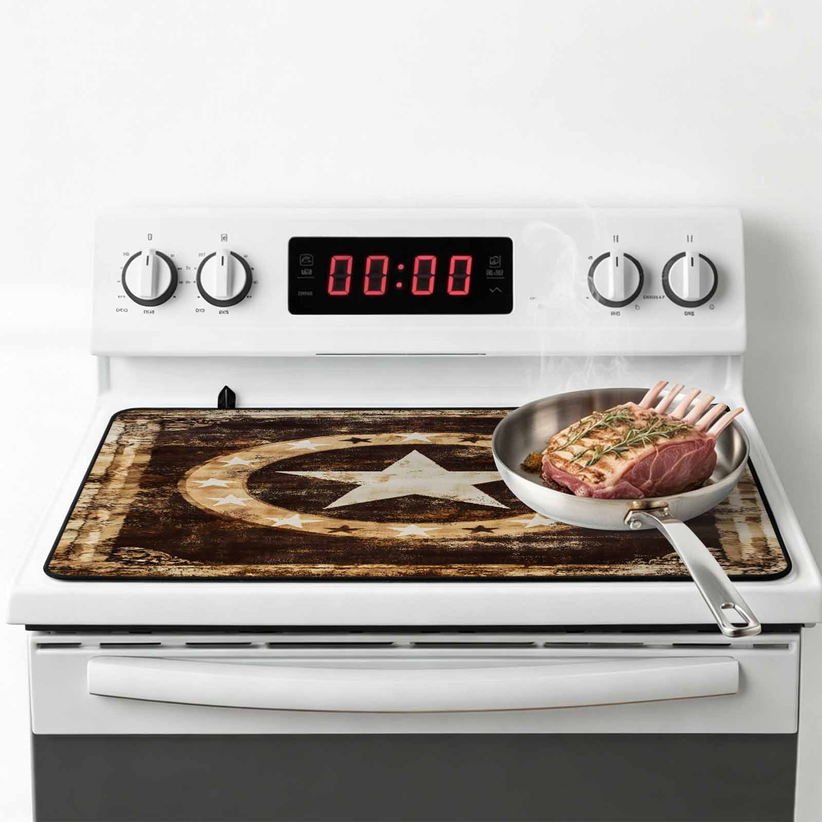 Brown Star Texas Stove Top Cover for Electric Stove, Heat-proof & Non Slip Glass Top Stove Cover Protector, Vintage Western Country Wooden Kitchen Flat Cooktop Rubber Mat 24x21 Inches