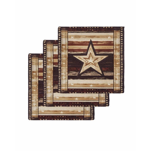 Brown Star Western Kitchen Dish Towels for Drying Dishes Set of 3, Country Brown Vintage Wooden Waffle Weave Microfiber Terry Hand Tea Bathroom Towels Quick Dry & Absorbent Towel 12x12
