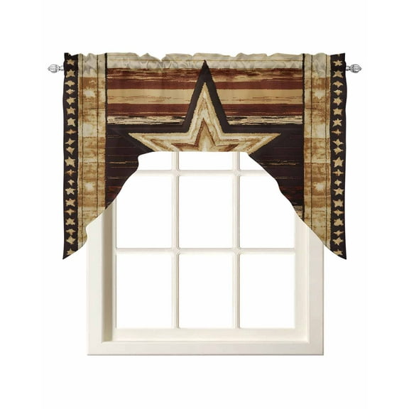 Brown Star Western Kitchen Swag Valances for Windows, Country Brown Vintage Wooden Swag Valances Curtains for Living Room, Rod Pocket Window Treatments for Bathroom, Bedroom, Cafe, 56"x36"