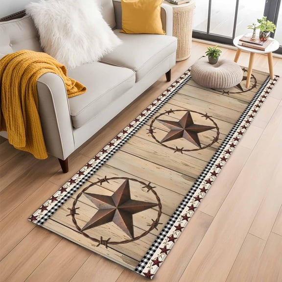 Brown Star Wooden Runner Rug 2x6 FT, Non Slip Hallway Rugs, Farmhouse Wooden Checkered Washable Soft Floor Carpet Non-Shedding Throw Runner Carpet Long Rug for Entryway Kitchen Bedside Sliding Door