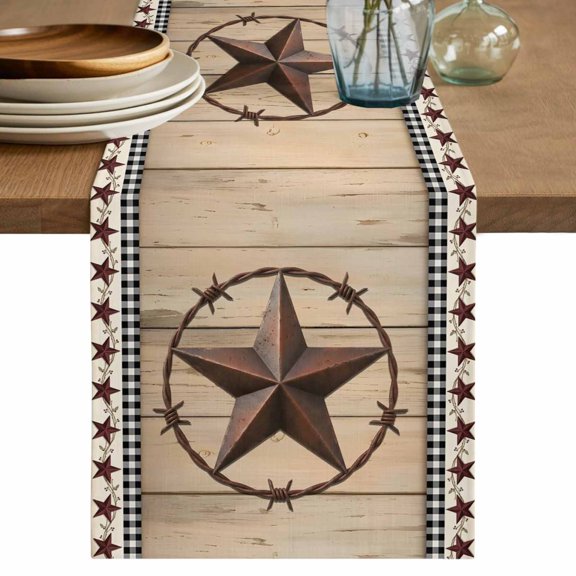 Brown Star Wooden Short Table Runner 36 Inches Long, Farmhouse Wooden Checkered Cotton Linen Table Runners Dresser Scarves, Fabric Tabletop Scarf Furniture Cover for Home Dinner Party Decor 13"x36"