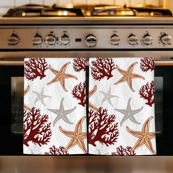 Brown Starfish Coastal Kitchen Towels Set of 2, Coral Nautical Summer Ocean Absorbent Dish Towels for Kitchen, Microfiber Hand Towel, Quick Drying Tea Towel for Cleaning Decorative Dishcloths