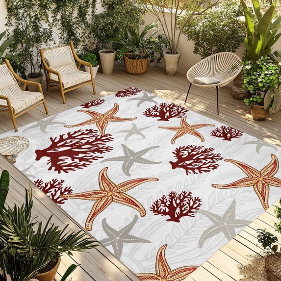 Brown Starfish Coastal Outdoor Rug 3x5 Ft - Reversible Patio Rug Outdoor Camping Rugs, Coral Nautical Summer Ocean Washable Indoor Outdoor Area Rugs, Non-Slip Outdoor Carpet Runner for Deck/Porch