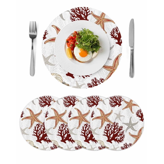 Brown Starfish Coastal Round 13 Inch Placemats Set of 4, Coral Nautical Summer Ocean HeatResistant Non Slip Place Mats for Dining Table, Wipeable Braided Kitchen Table Mats for Housewarming
