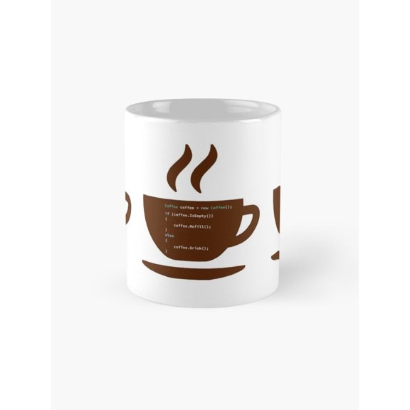 Brown Steaming Coffee Cup and Programming Code Mug, 11oz Ceramic, Wraparound Design