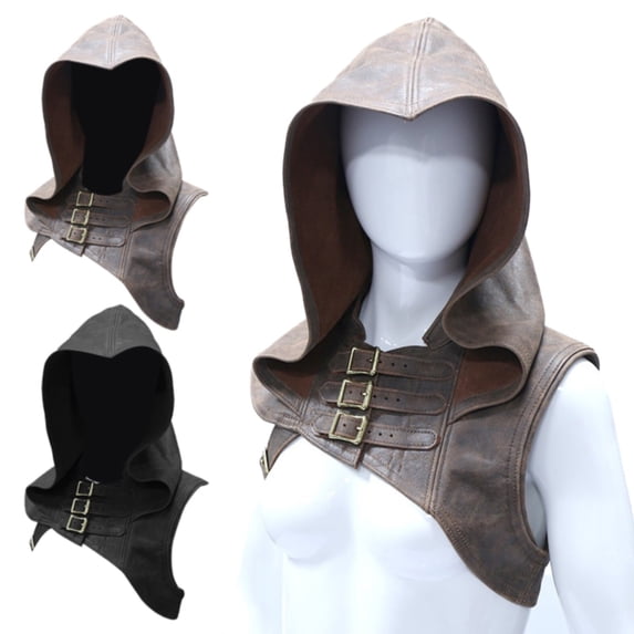 Brown Steampunk Medieval Hooded Cowl Hat PU Renaissance Gothic Short Cape Medieval Cloak with Buckles Cosplay XXXL