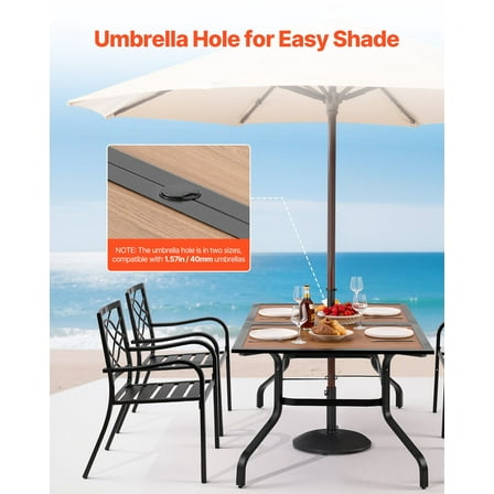 Brown Steel Slat Dining Table 59" Long, Outdoor Garden Table with 1.5 Inch Umbrella Hole for 4-6 People
