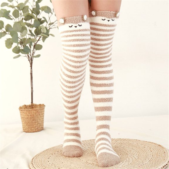 Brown Stockings Women's Coral Fleece Thickened Cartoon Striped Warm Towel Floor Socks 2PC Stockings