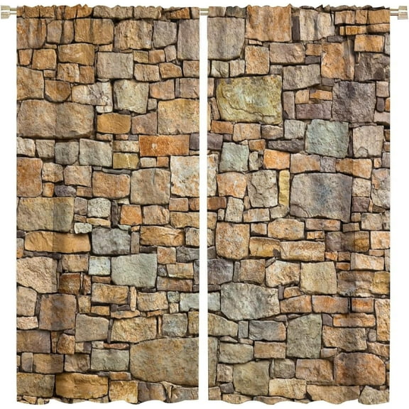 Brown Stone Brick Wall Curtains Vintage Country Farmhouse Rocks and Stones Art Print for Living Room Bedroom Kitchen Decor Rod Pocket Blackout Window Drapes 2 Panels 42x54in