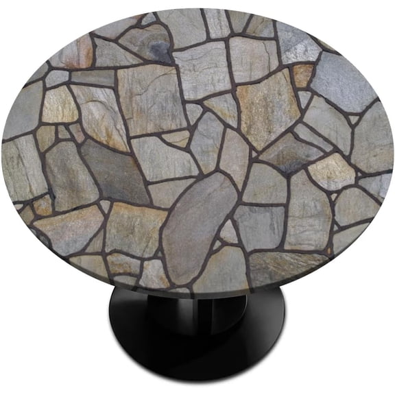 Brown Stone Pattern Table Cover with Elastic Edge, Fitted Waterproof Wipeable Table Cloth for Kitchen Dining Party Holiday - Fits 40-44 In Round Plastic Table