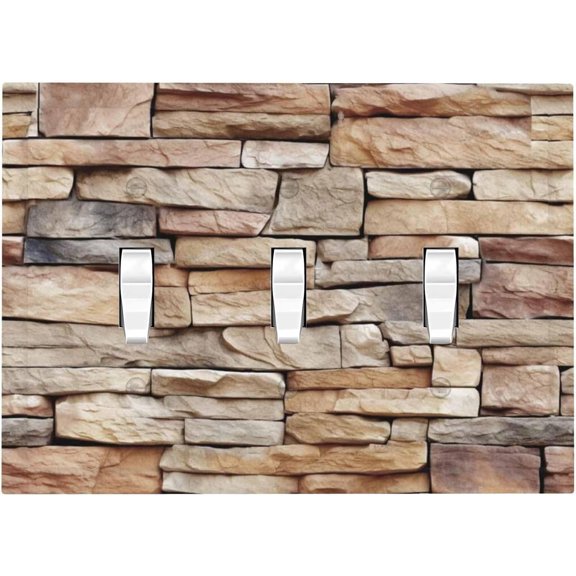 Brown Stone Textured Brick Natural Switch Cover, 3 Gang Triple Toggle Wall Plate for Farmhouse Decor