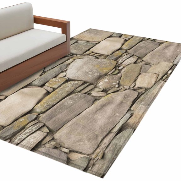 Brown Stone Wall Area Rugs Collection 4'x6', Vintage Country Rocks Brick Pattern Non Slip Indoor Rectangle Throw Runner Rug Floor Mat Carpet for Living Room Dining Table Bedroom Nursery