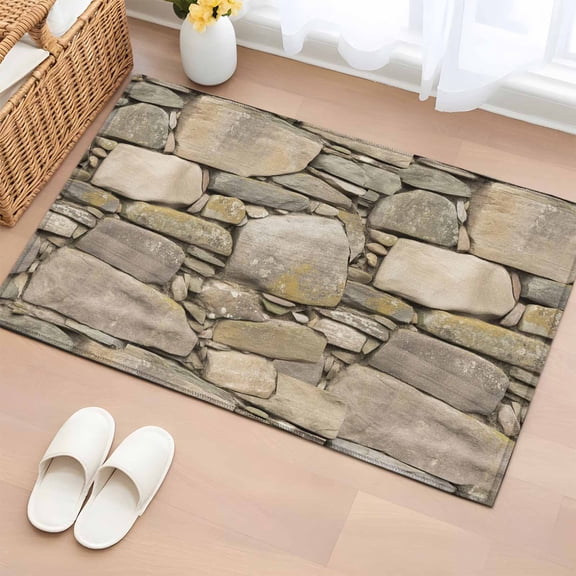 Brown Stone Wall Bathroom Rug Washable 2x3 Entryway Rug Non Slip Vintage Country Rocks Brick Pattern Front Door Mat Low Pile Indoor Doormat Throw Floor Carpet for Kitchen Bedroom Entrance