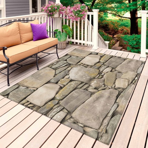 Brown Stone Wall Outdoor Rug 5x7 Ft, Non Slip Washable Area Rug, Vintage Country Rocks Brick Pattern Patio Rugs Carpet Runner, Large Floor Mat for Indoor/Outdoor Deck Porch Camping
