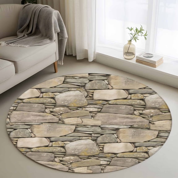 Brown Stone Wall Round Rug 3ft Washable Circle Entryway Rugs Non Slip Vintage Country Rocks Brick Pattern Area Rug Indoor Floor Carpet for Bedroom Kitchen Living Room Home Office Dining Room Nursery