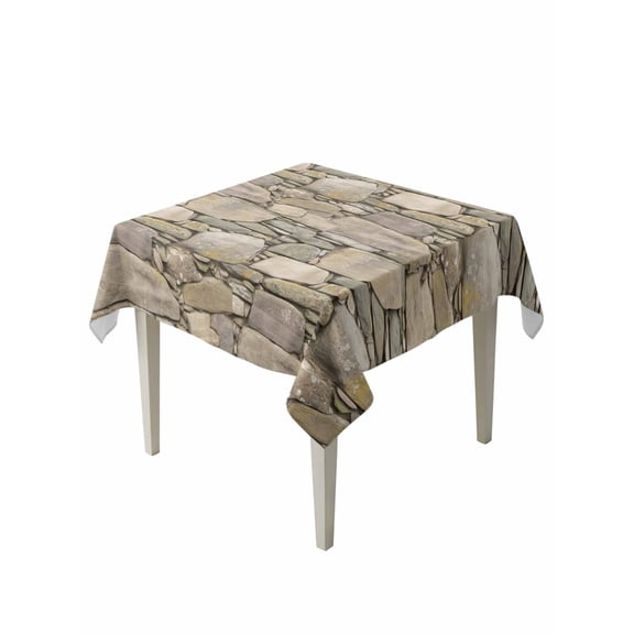Brown Stone Wall Table Cloth, Waterproof Tablecloth for Square Tables, Vintage Country Rocks Brick Pattern Reusable Washable Fabric Table Cover for Restaurant Kitchen Dining Tables 54"x54"