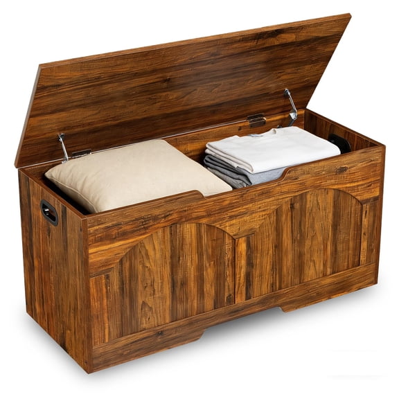 Brown Storage Bench,39.3 Retro Wooden Storage Chest with U-Shaped Cut-Out Pull, Safety Hinge, Supports 300 lb and Easy Assembly for Toy Box Organizer