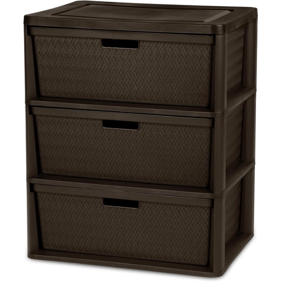 Brown Storage Drawer, 3 Drawer Plastic Weave Wide Tower with Pull Handles