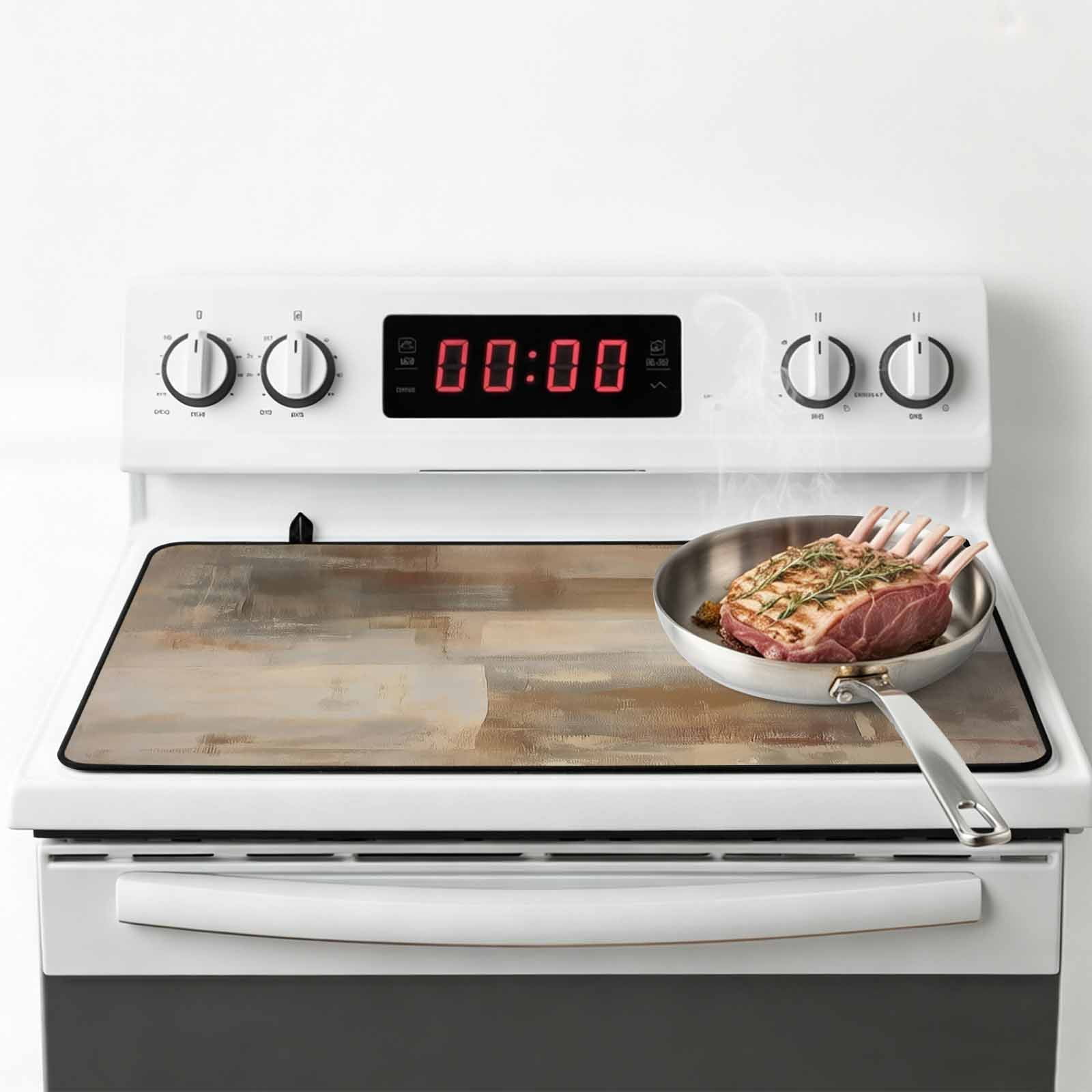 Brown Stove Top Cover for Electric Stove, Heat-proof & Non Slip Glass Top Stove Cover Protector, Oil Painting Abstract Art Contemporary Kitchen Flat Cooktop Rubber Mat 24x21 Inches