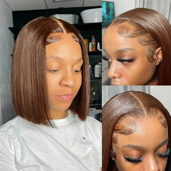 Brown Straight Bob Wig Human Hair 13x4 HD Lace Front Bob Wigs for Black Woman Short Wig End Blunt Cut Pre Plucked with Baby Hair Any Part 100% Human Hair 200% Density (12 inch)