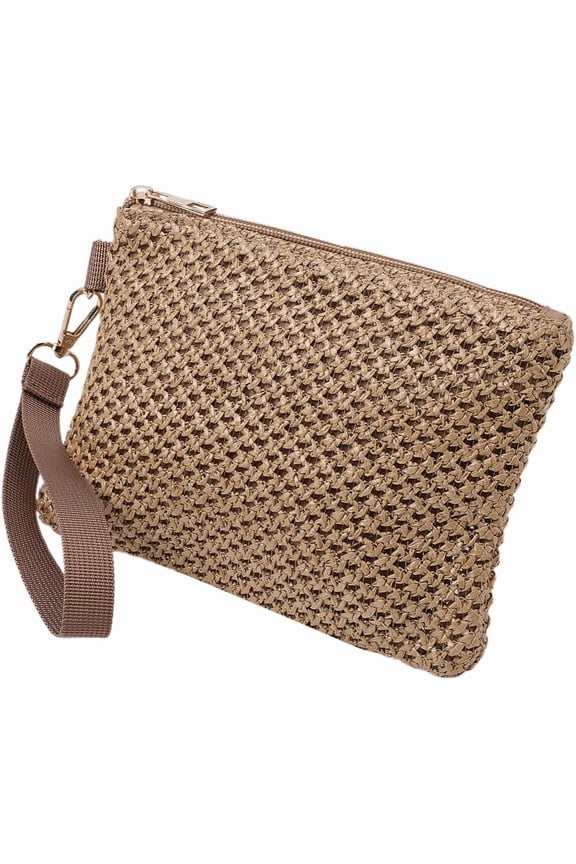 Brown Straw Woven Cosmetic Pouch Beach Straw Purses Portable Vacation Travel Storage Clutch Bags for Outdoor Camping Toiletry Makeup Tools Organiser Hawaii Zipper Handbags 8.3x6in Mixed Color