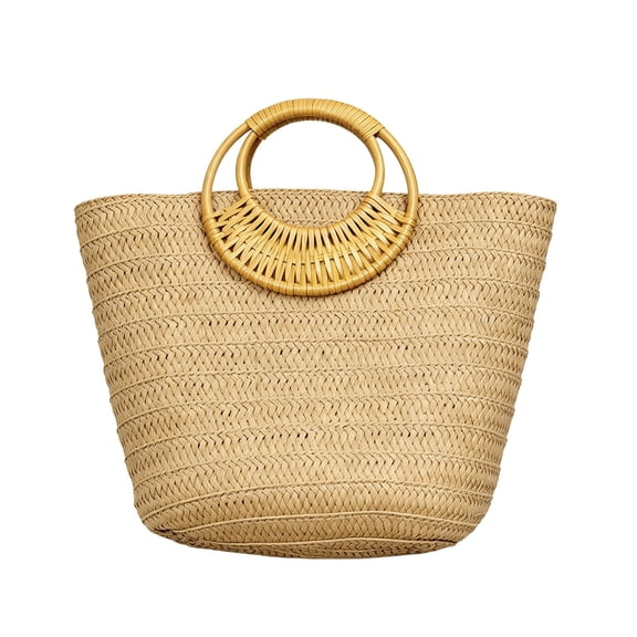 Brown Straw Woven Large Tote Bag With Rattan Handle Summer Beach Bag For Women Travel Vacation