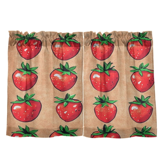 Brown Strawberry Print 27"x36" Linen Look Cafe Curtain Set with Privacy and UV Protection