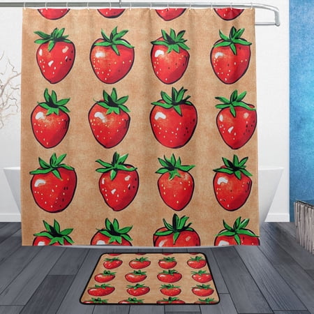 Brown Strawberry Print Bathroom Accessory Sets Waterproof Shower Curtain with Anti-Slip Bath Mat Durable Combo