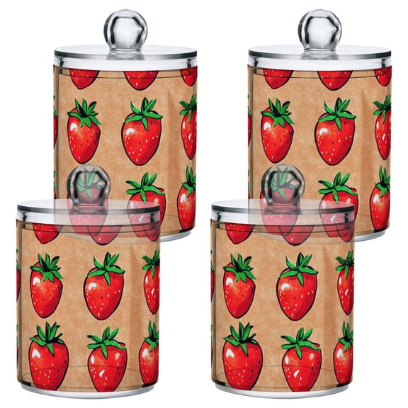 Brown Strawberry Print Bathroom Canisters Set of 4 Translucent Plastic Storage for Cotton Pads and Floss