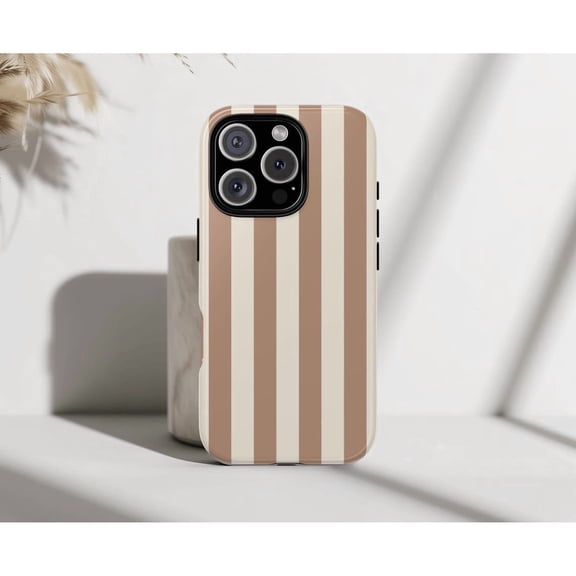 Brown Stripe Aesthetic Phone Case Neutral Summer Shield Layout Compatible with iPhone 17 16 15 14 13 12 11 Promax