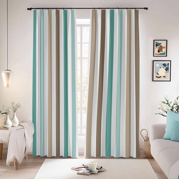 Brown Stripe Blackout Curtains for Bedroom/Living Room, Pinch Pleated Black Out Curtains, Ombre Geometric Teal Green Vertical Striped Room Darkening Window Drapes with Hooks 2 Panels, 39"x70"