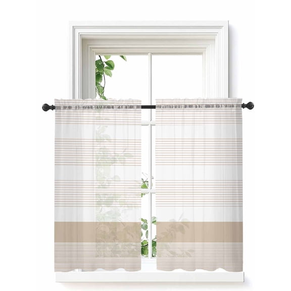 Brown Stripe Curtains 54 Inch Length, Sheer Curtains for Bedroom Living Room Window Modern Rustic Horizontal Brown Striped Rod Pocket Voile Drapes Kitchen Curtains Small Half Window 42"x54" 2 Panels
