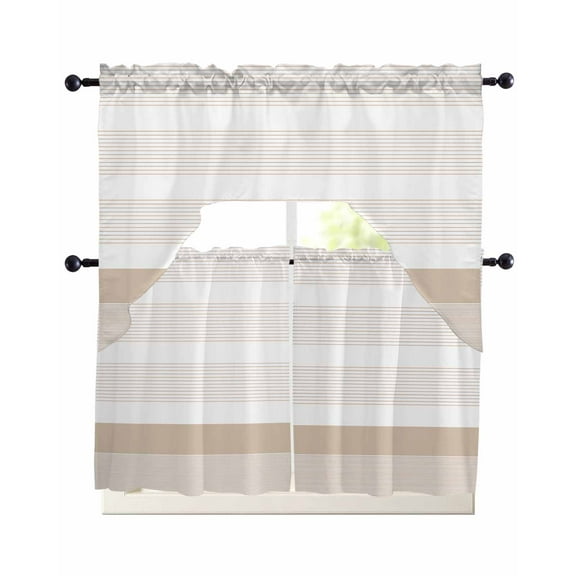 Brown Stripe Kitchen Curtains Sets 36 Inch Length with Valance, Modern Rustic Horizontal Brown Striped Swag Valances and Tiers Curtain Set Drapes Swag Curtains for Living Room, Bathroom, Bedroom