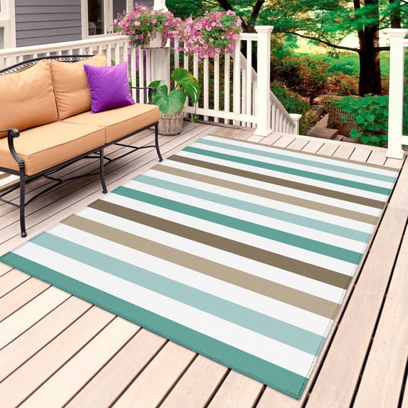 Brown Stripe Outdoor Rug for Patio/Deck/Porch, Non-Slip Large Area Rug 6 x 9 Ft, Ombre Geometric Teal Green Vertical Striped Indoor Outdoor Rugs Washable Area Rugs, Camping Rug Carpet Runner