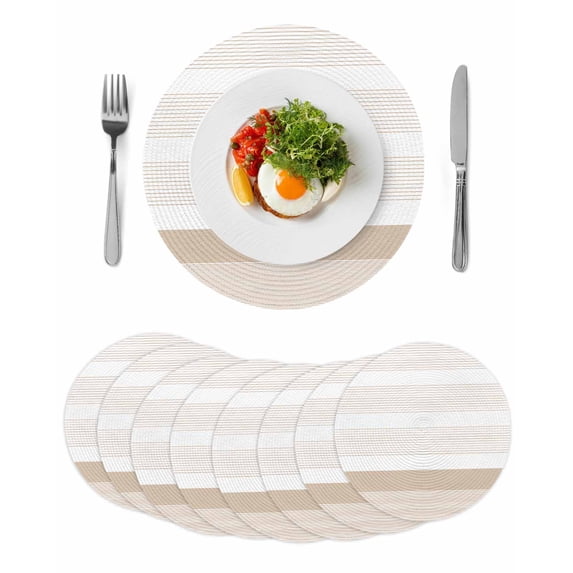 Brown Stripe Round 13 Inch Placemats Set of 8, Modern Rustic Horizontal Brown Striped HeatResistant Non Slip Place Mats for Dining Table, Wipeable Braided Kitchen Table Mats for Housewarming