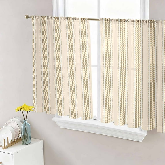 Brown Stripe Semi Sheer Curtains 54 Inch Length 2 Panels Set, Modern Farmhouse Texture Geometric Sheer Kitchen Curtain Privacy Voile Window Curtain for Living Room Bedroom Rod Pocket Drapes