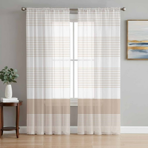 Brown Stripe Semi Sheer Curtains 63 Inch Length 2 Panels Set, Modern Rustic Horizontal Brown Striped Sheer Kitchen Curtain Privacy Voile Window Curtain for Living Room Bedroom Rod Pocket Drapes