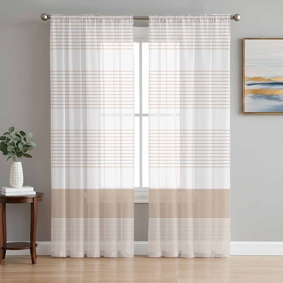 Brown Stripe Semi Sheer Curtains 96 Inch Length 2 Panels Set, Modern Rustic Horizontal Brown Striped Sheer Kitchen Curtain Privacy Voile Window Curtain for Living Room Bedroom Rod Pocket Drapes