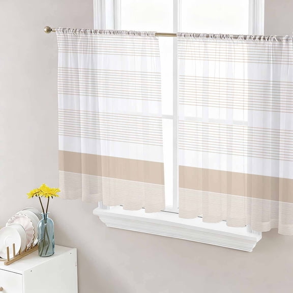 Brown Stripe Semi Sheer Window Curtains 54 Inches Long, Modern Rustic Horizontal Brown Striped Rod Pocket Voile Chiffon Curtain Light Filtering Drapes for Living Room, Kitchen, 52"x54", 2 Panels