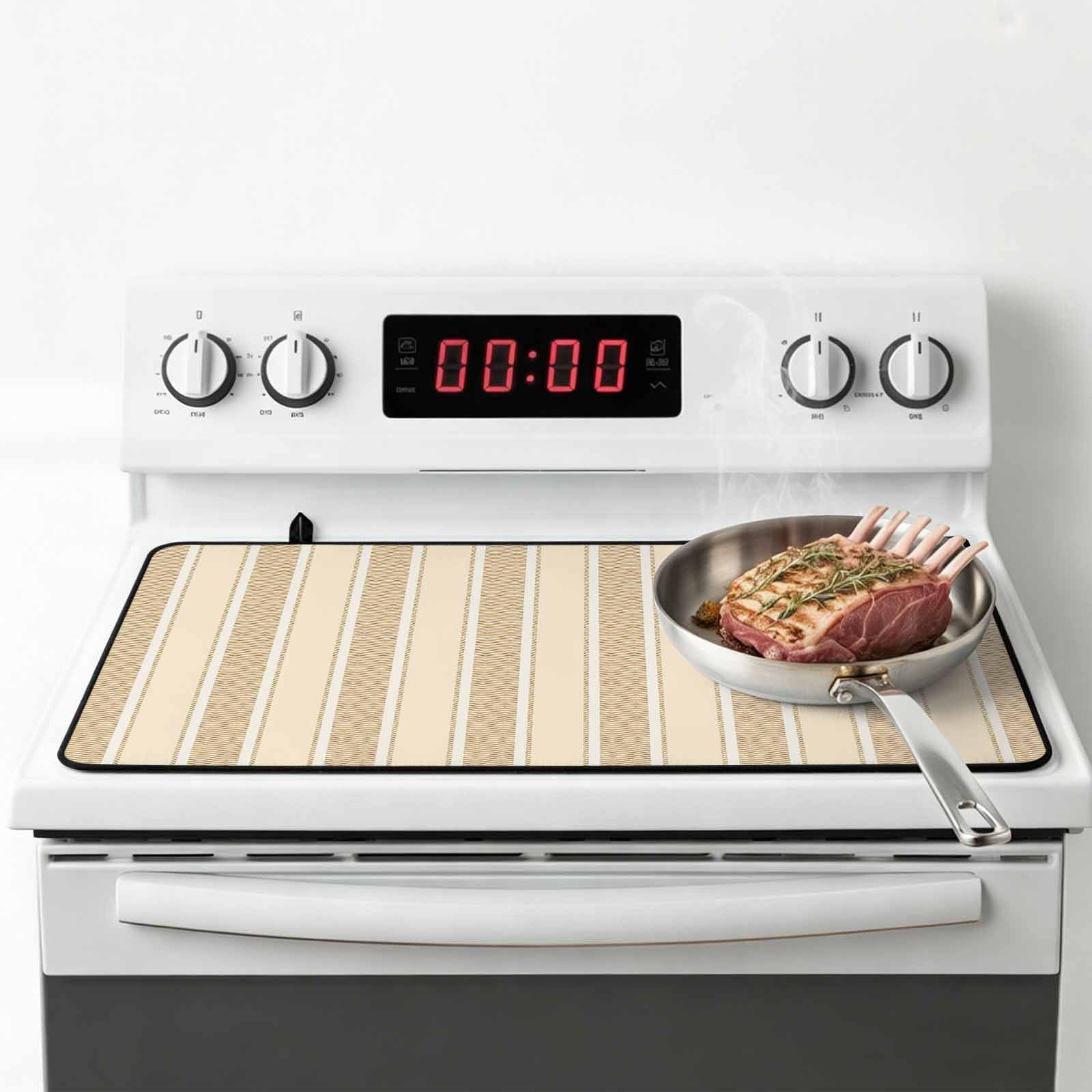 Brown Stripe Stove Top Cover for Electric Stove, Heat-proof & Non Slip Glass Top Stove Cover Protector, Modern Farmhouse Texture Geometric Kitchen Flat Cooktop Rubber Mat 24x21 Inches