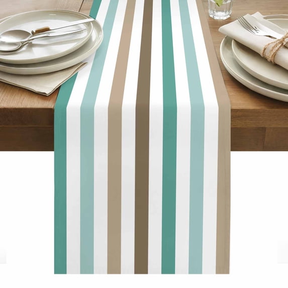 Brown Stripe Table Runner - 72 Inch Long, Kitchen Dining Table Runner Dresser Scarves, Ombre Geometric Teal Green Vertical Striped Farmhouse Decor for Coffee Tables Wedding Party Banquet