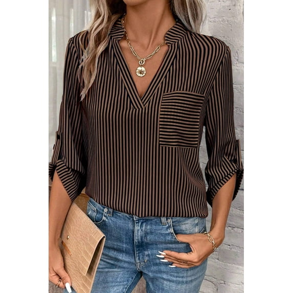 I AM A FASHION JUNKY Brown Stripe V Neck Roll Up Sleeve Pocket Patched Classic Shirt