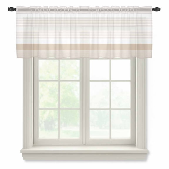Brown Stripe Valance Curtains for Kitchen/Living Room/Bathroom/Bedroom Window, Rod Pocket Small Topper Half Short Window Curtains Voile Sheer Scarf, Modern Rustic Horizontal Brown Striped 42"x12"