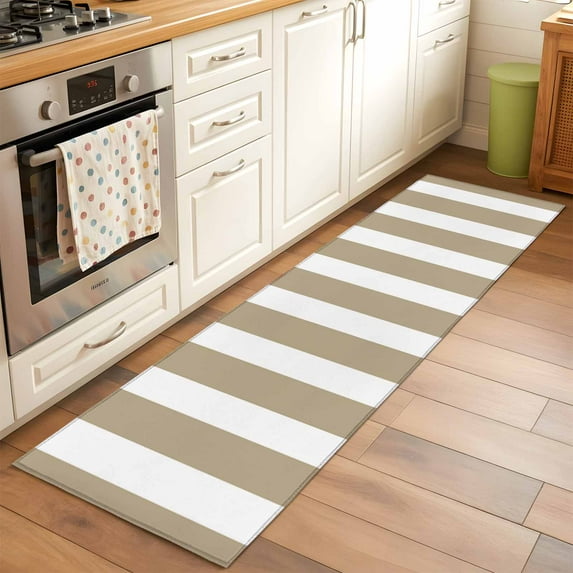 Brown Striped 2x6 Kitchen Runner Rug, Farmhouse Modern Khaki Stripes Non-Skid Rubber Backing Large Rectangle Rugs - Living Room Bedroom Home Office, Indoor Floor Mat Carpets Washable Rug