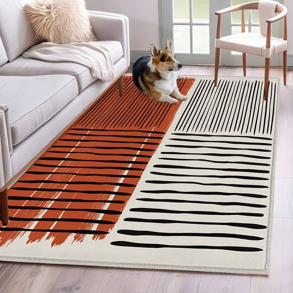 Brown Striped Area Rugs 2.7'x5', Washable Small Throw Rugs for Kitchen Bedroom, Farmhouse Stripes Modern Abstract Art Indoor Outdoor Rug Non-Slip Low Pile Carpet Runner Reversible Floor Mats