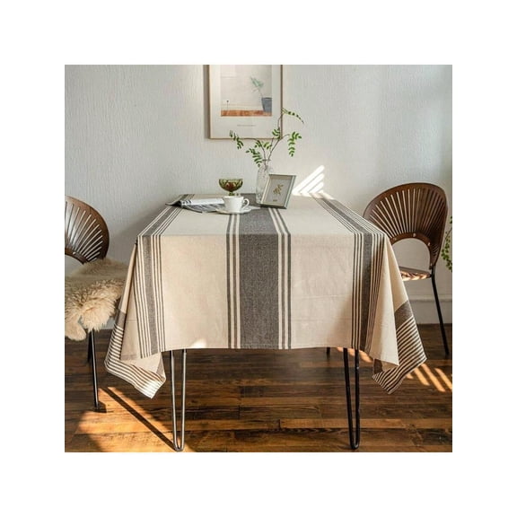 Brown Striped Burlap Cotton Linen Tablecloth Rectangle 55 X 86 for 6-8 Seats Farmhouse Style