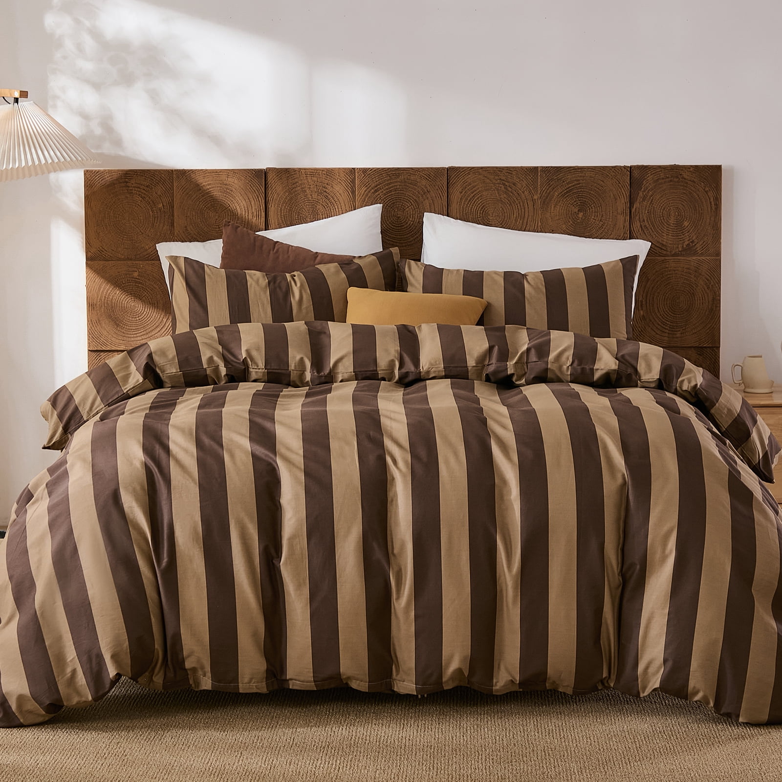 Brown Striped Duvet Cover Set Queen Size, 100% Natural Cotton Linen Like Duvet Cover Set with Zipper Closure & 8 Corner Ties, Brown Khaki Soft Reversible Bedding for All Seasons