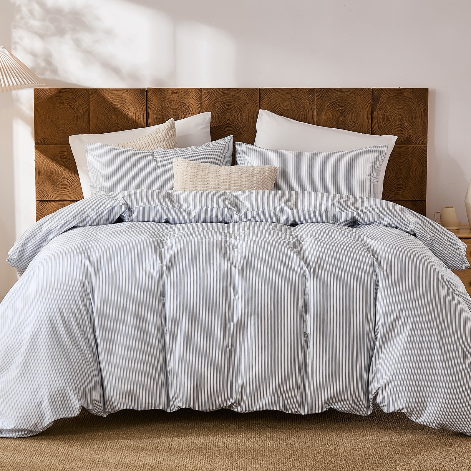 Brown Striped Duvet Cover Set Queen Size, 100% Natural Cotton Linen Like Duvet Cover Set with Zipper Closure & 8 Corner Ties, Brown Khaki Soft Reversible Bedding for All Seasons