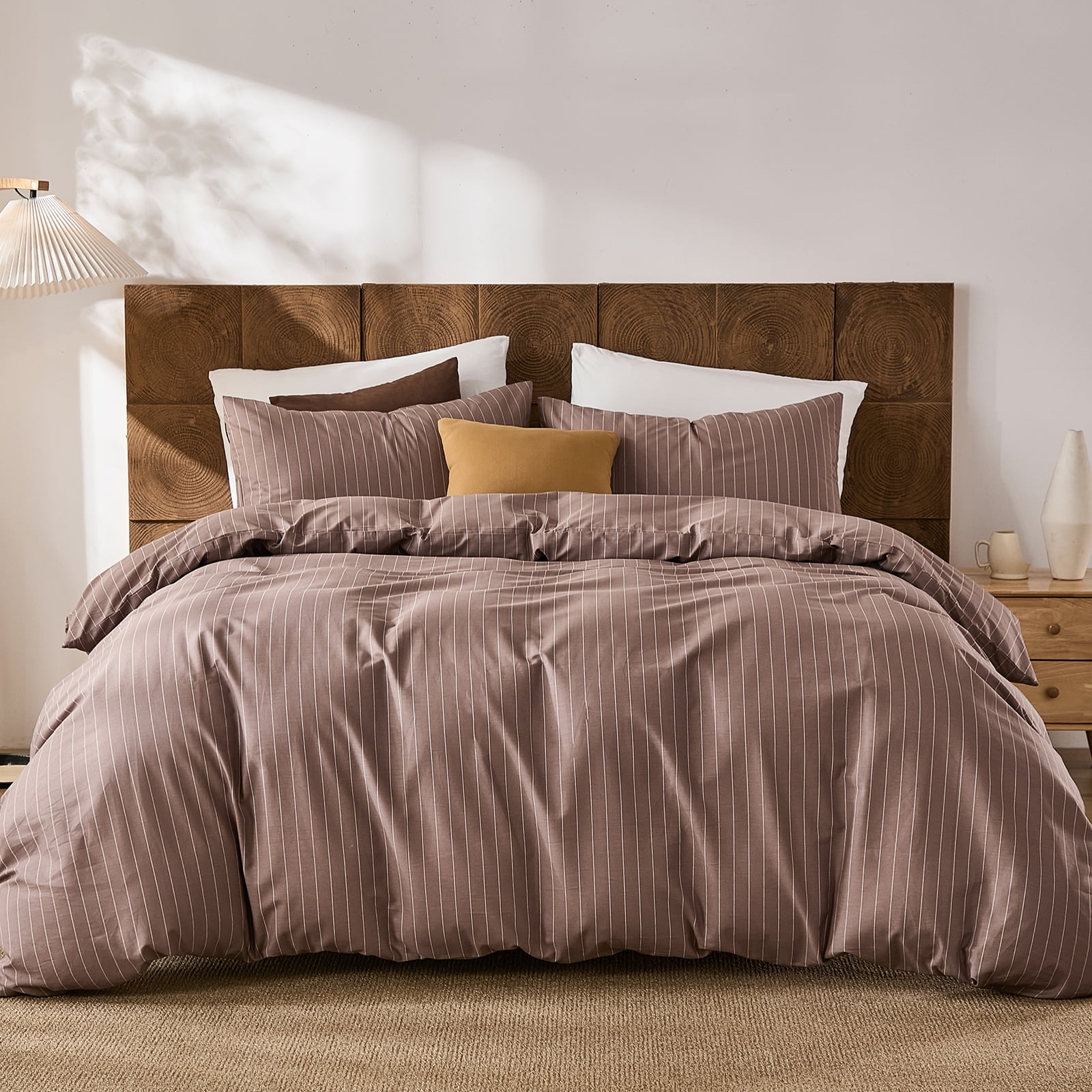 Brown Striped Duvet Cover Set Queen Size, 100% Natural Cotton Linen Like Duvet Cover Set with Zipper Closure & 8 Corner Ties, Brown Khaki Soft Reversible Bedding for All Seasons
